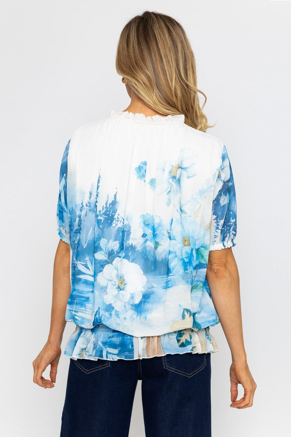 Carraig Donn Blue Short Sleeve Printed Tie Neck Top