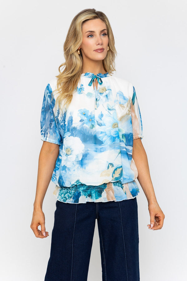 Carraig Donn Blue Short Sleeve Printed Tie Neck Top