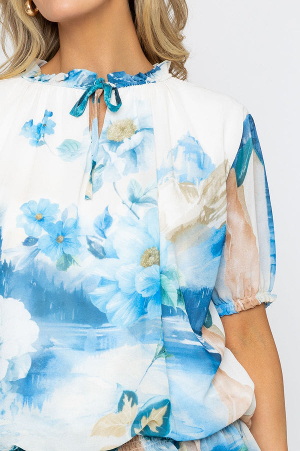 Carraig Donn Blue Short Sleeve Printed Tie Neck Top