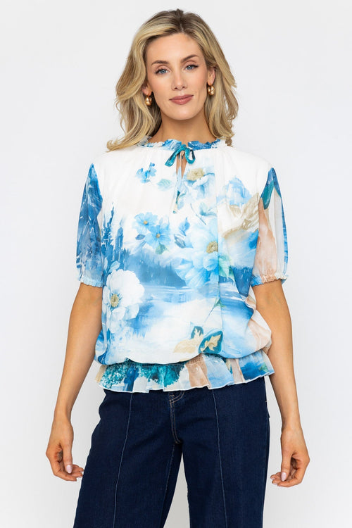 Blue Short Sleeve Printed Tie Neck Top