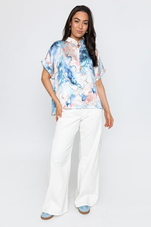 Carraig Donn Blue Short Sleeve Sateen Collarless Blouse