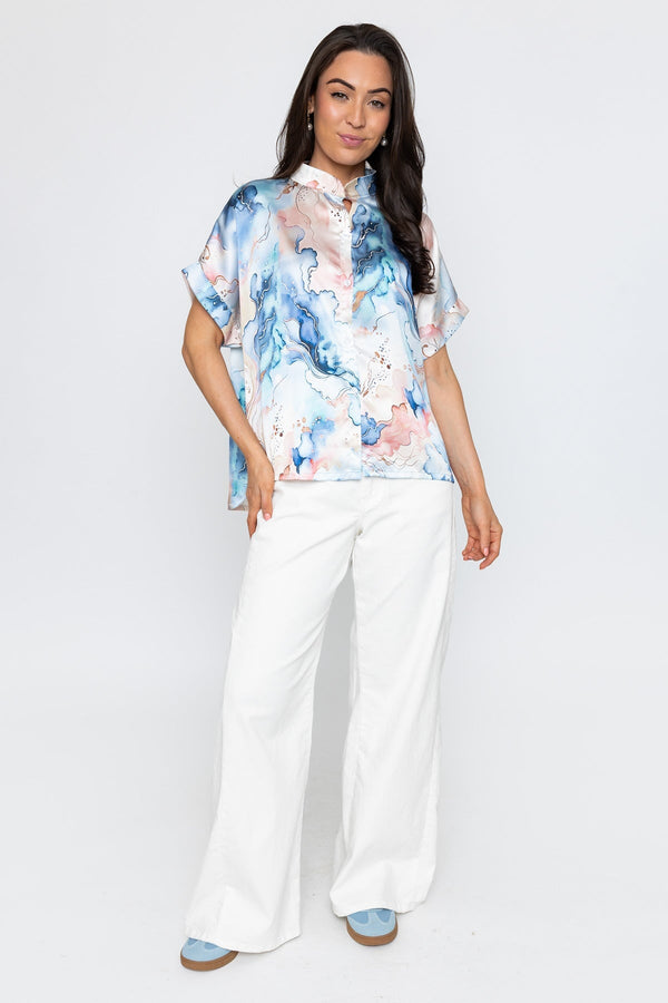Carraig Donn Blue Short Sleeve Sateen Collarless Blouse