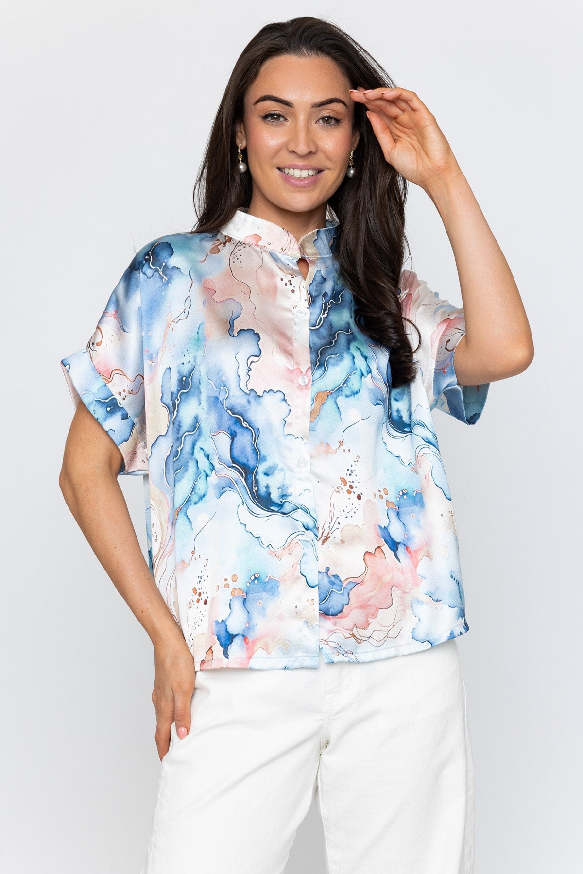 Blue Short Sleeve Sateen Collarless Blouse
