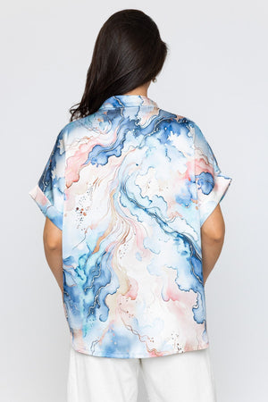Carraig Donn Blue Short Sleeve Sateen Collarless Blouse