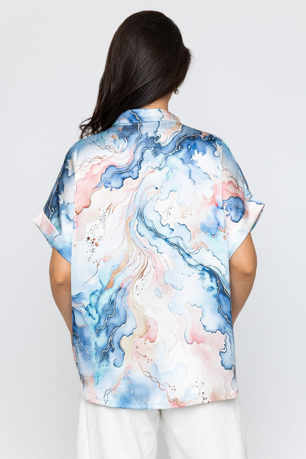 Carraig Donn Blue Short Sleeve Sateen Collarless Blouse