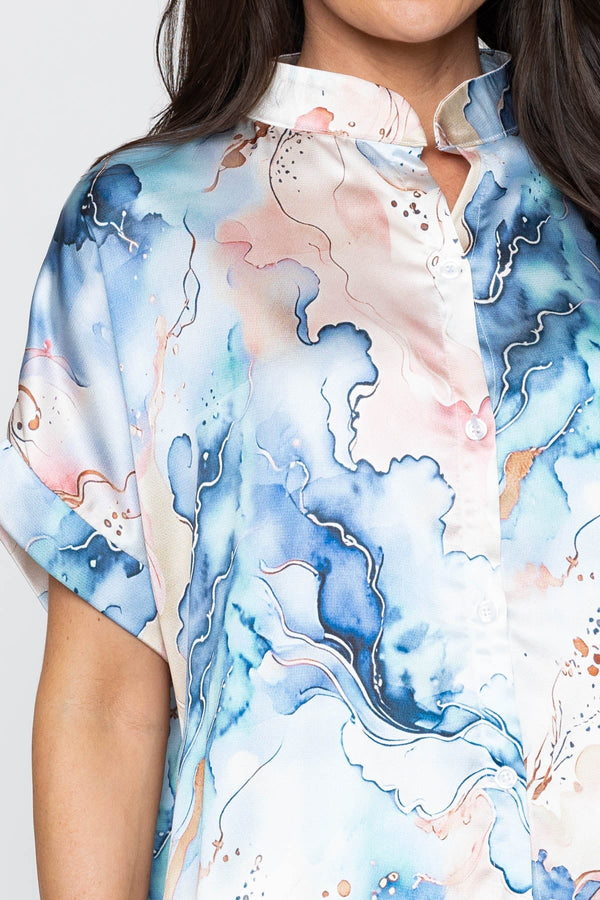 Carraig Donn Blue Short Sleeve Sateen Collarless Blouse