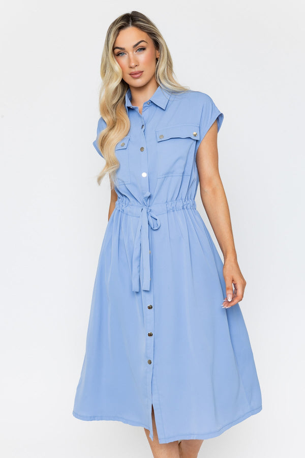 Blue Short Sleeves Utility Midi Dress | Carraig Donn Blue Short Sleeves Utility Midi Dress | Carraig Donn
