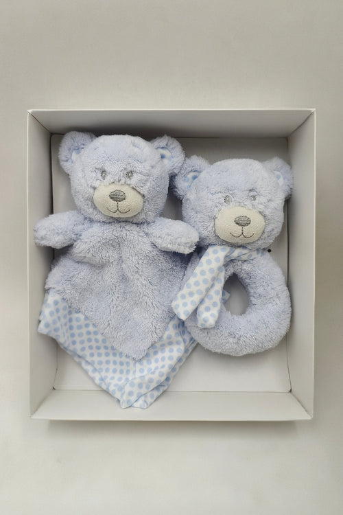Blue Teddy Comforter & Rattle Gift Box