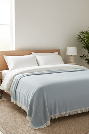 Carraig Donn Blue Textured Blanket With Fringes