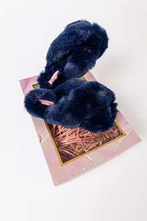 Boxed Navy Faux Fur Quilted Slippers