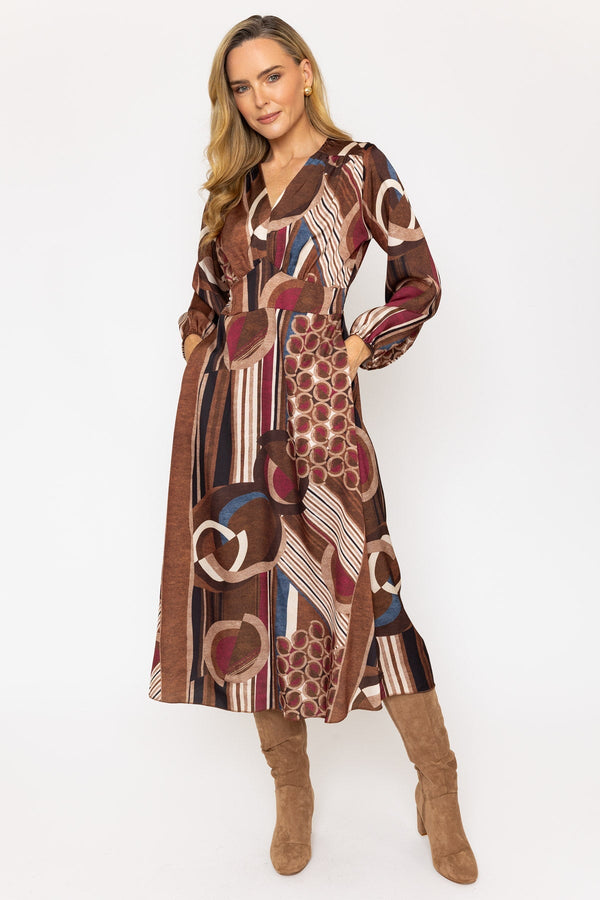 Carraig Donn Brown and Burgundy Print Sateen Cliodhna Midi Dress