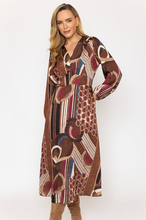 Carraig Donn Brown and Burgundy Print Sateen Cliodhna Midi Dress
