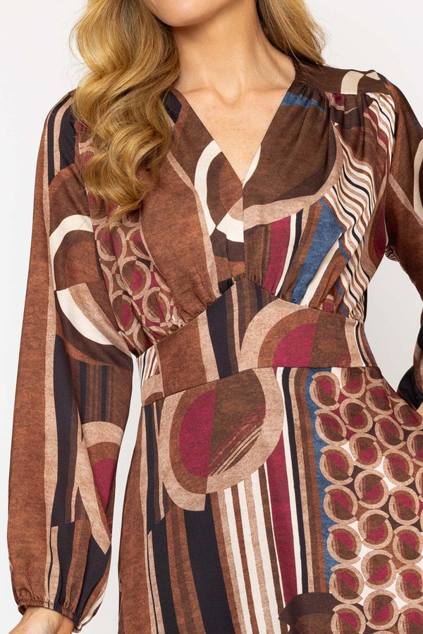 Carraig Donn Brown and Burgundy Print Sateen Cliodhna Midi Dress
