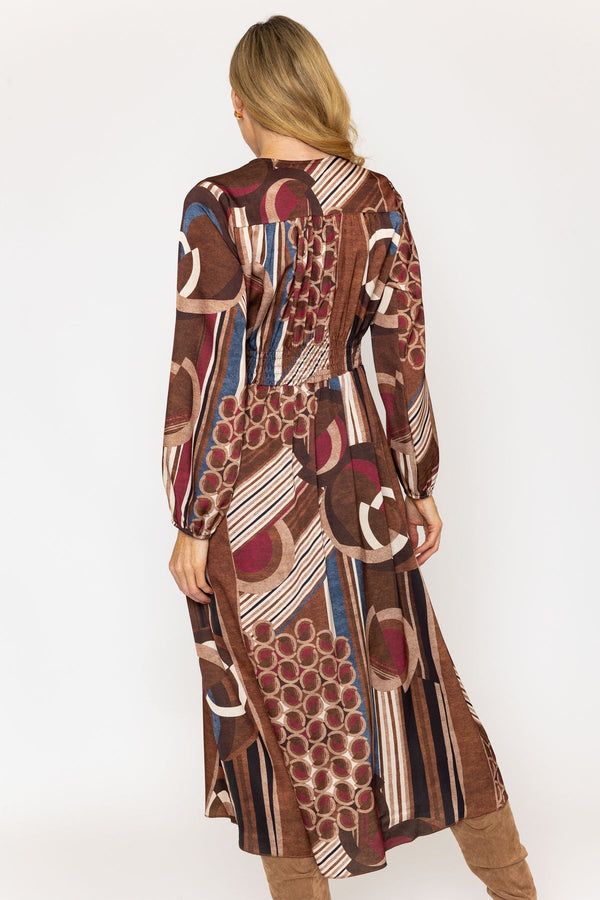 Carraig Donn Brown and Burgundy Print Sateen Cliodhna Midi Dress