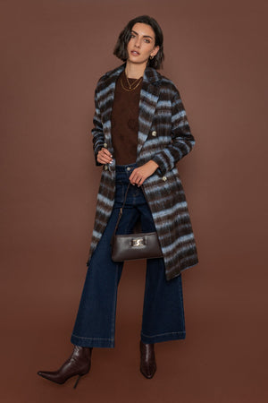 Carraig Donn Brown & Blue Striped Double-Breasted Coat
