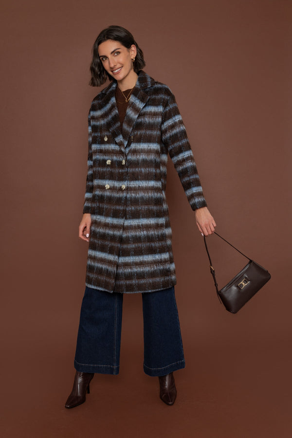Carraig Donn Brown & Blue Striped Double-Breasted Coat
