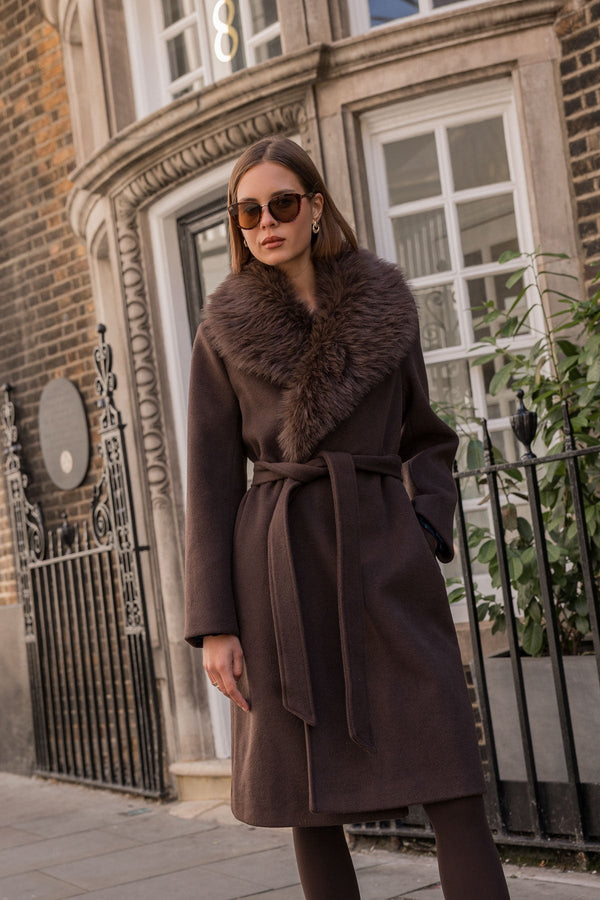 Carraig Donn Brown Coat with Detachable Faux Fur Collar
