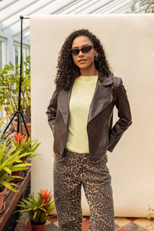 Carraig Donn Brown Croc Faux Leather Biker Jacket