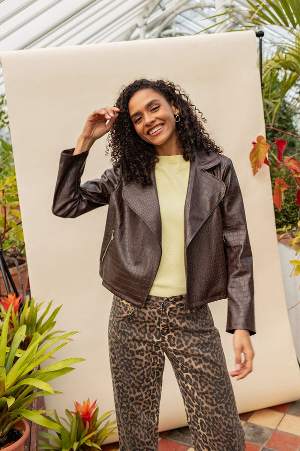 Carraig Donn Brown Croc Faux Leather Biker Jacket