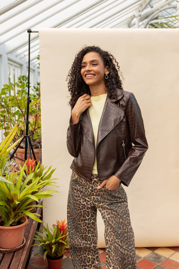 Carraig Donn Brown Croc Faux Leather Biker Jacket