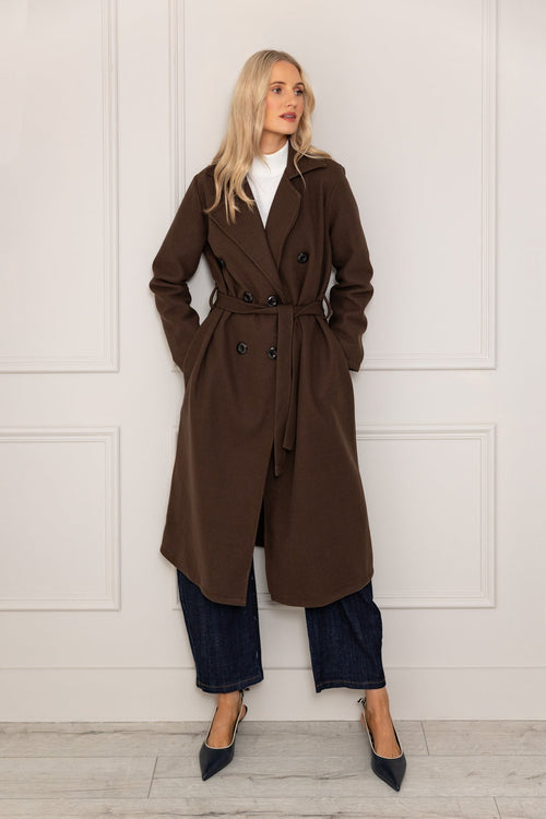 Brown Double Breasted Belted Coat