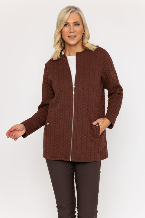 Brown Long Collarless Textured Jacket