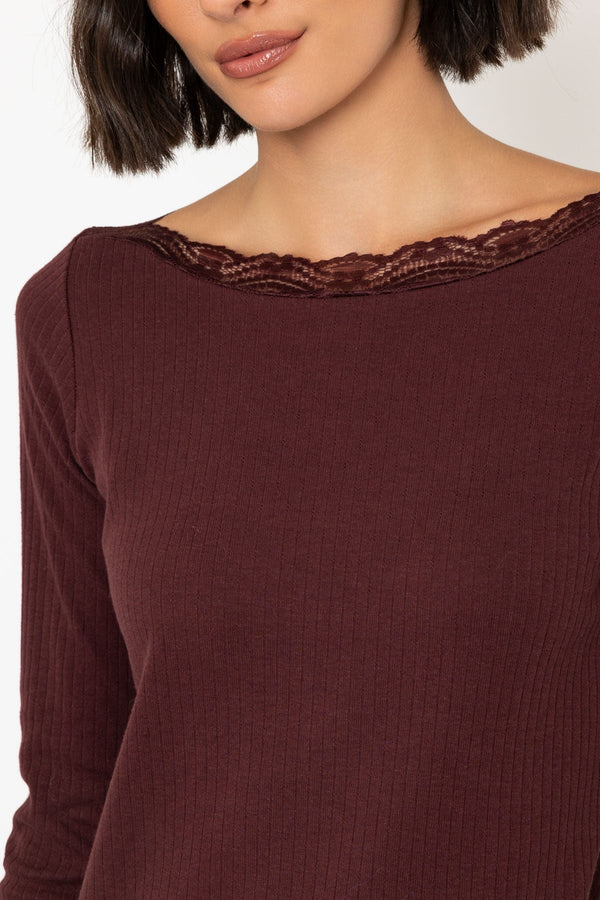 Carraig Donn Brown Long Sleeve Lace Neck Ribbed Top