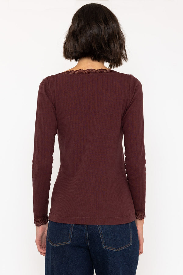 Carraig Donn Brown Long Sleeve Lace Neck Ribbed Top