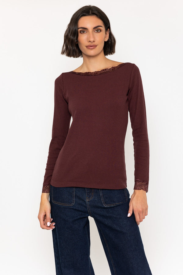 Carraig Donn Brown Long Sleeve Lace Neck Ribbed Top