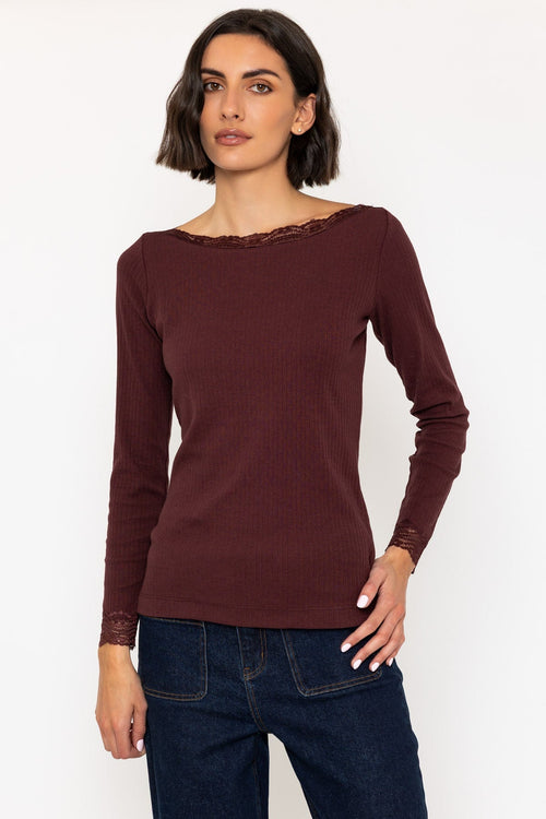 Carraig Donn Brown Long Sleeve Lace Neck Ribbed Top