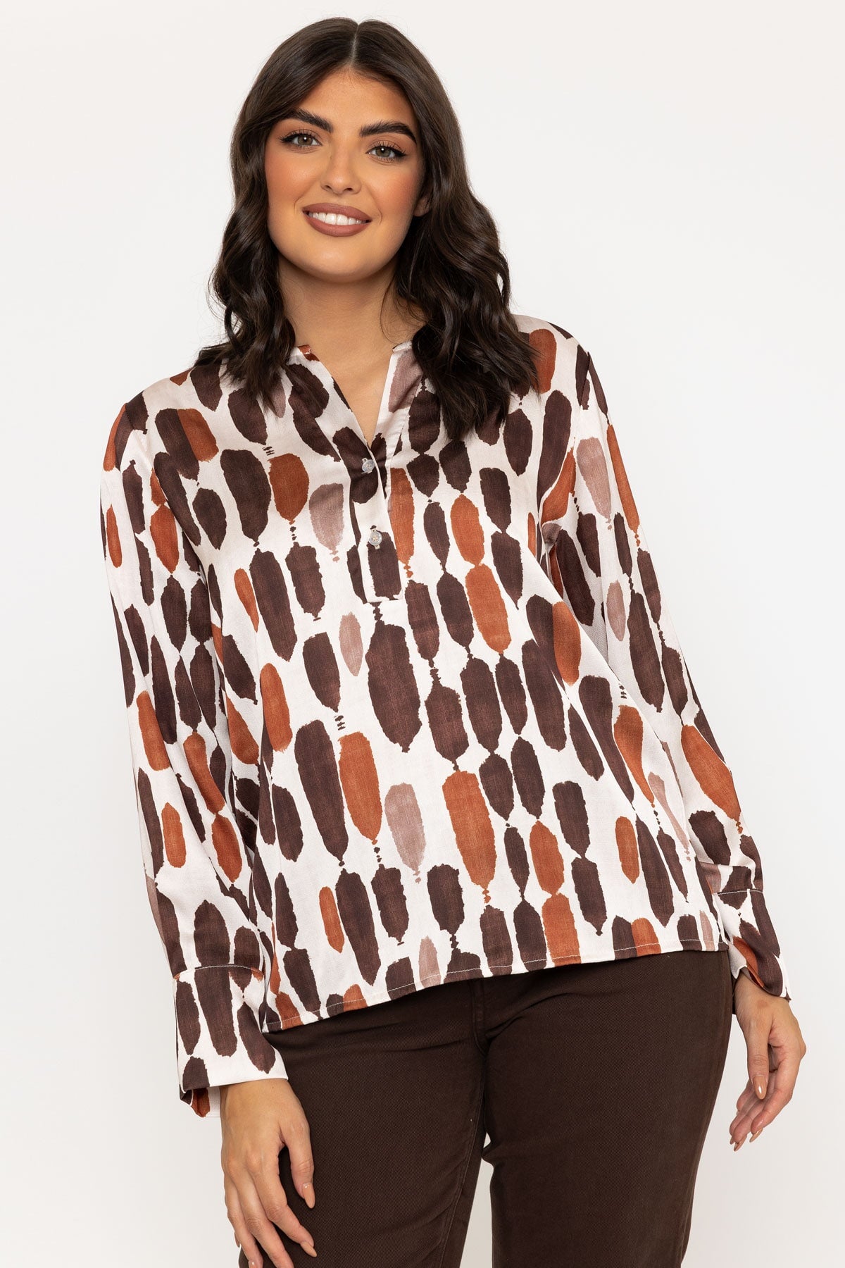 Brown Print Sateen Long Sleeve Blouse