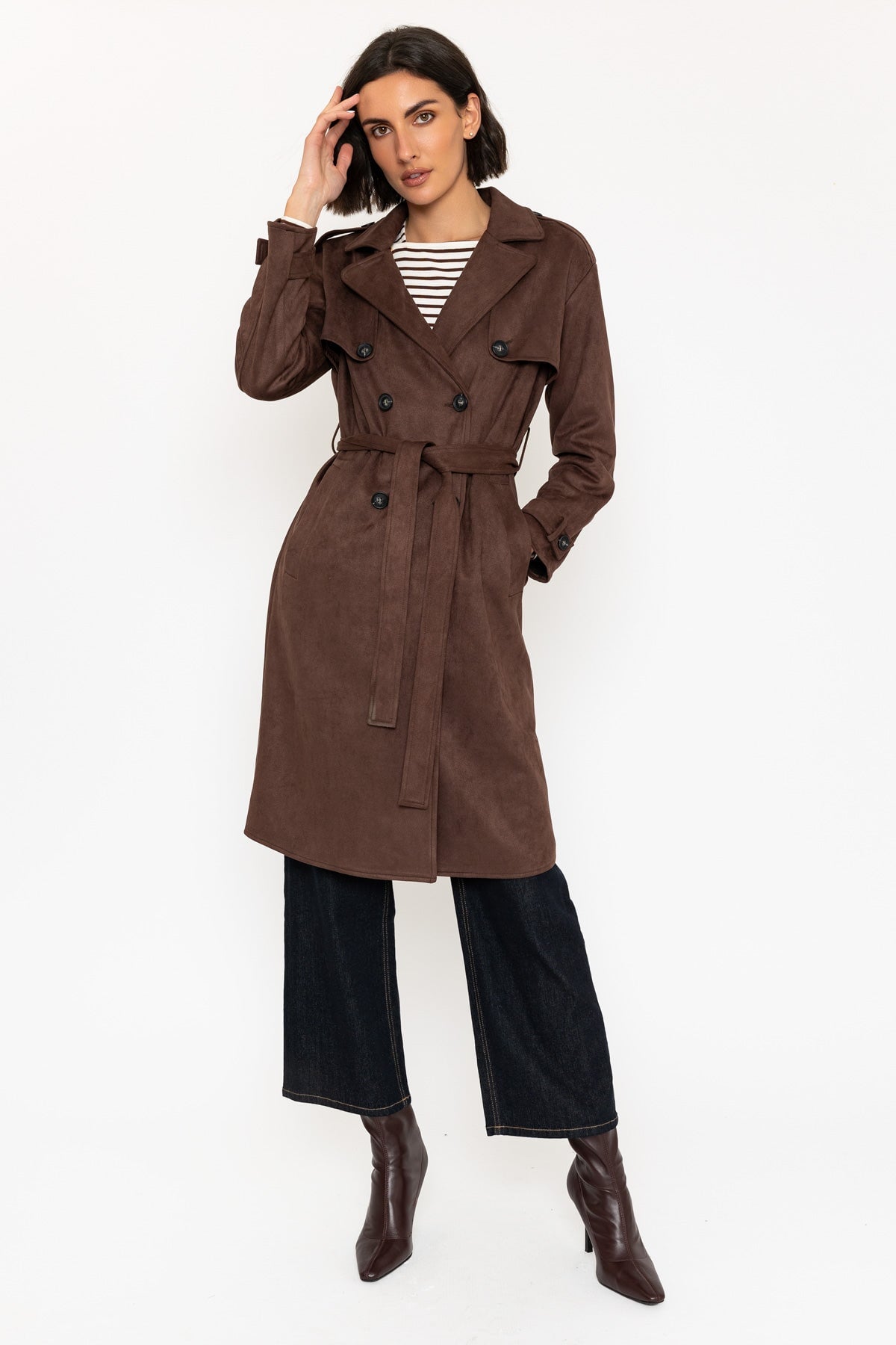 Brown Suedette Belted Trench Coat