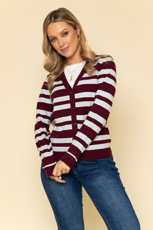 Carraig Donn Burgundy & Blue Striped Cardigan