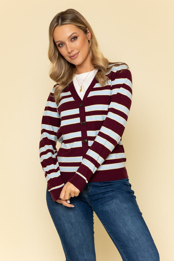 Carraig Donn Burgundy & Blue Striped Cardigan