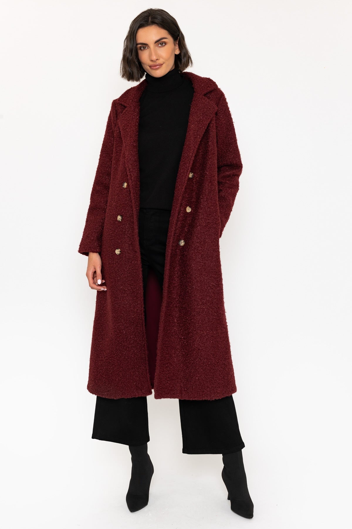 Burgundy Boucle Double Breasted Coat