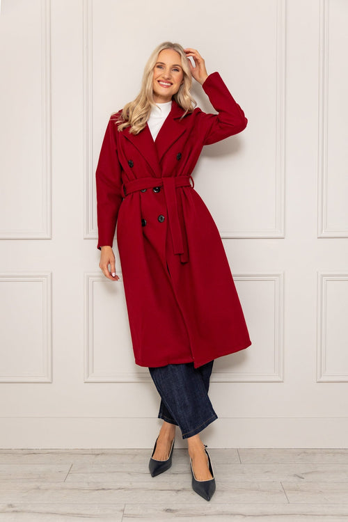 Burgundy Double Breasted Belted Coat
