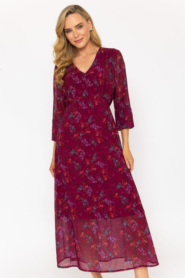 Carraig Donn Burgundy Floral Print 3/4 Sleeve Kerry Midi Dress