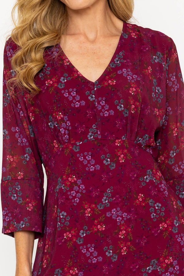 Carraig Donn Burgundy Floral Print 3/4 Sleeve Kerry Midi Dress