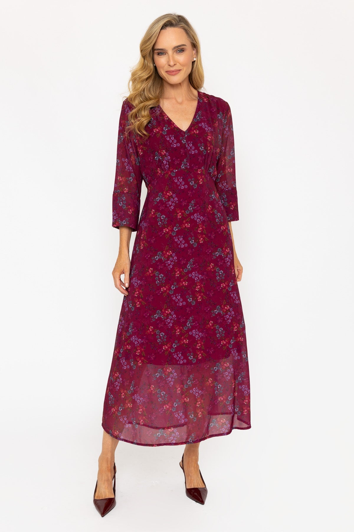 Burgundy Floral Print 3/4 Sleeve Kerry Midi Dress