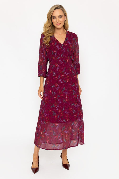 Burgundy Floral Print 3/4 Sleeve Kerry Midi Dress