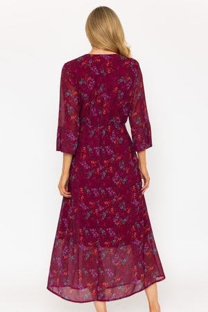 Carraig Donn Burgundy Floral Print 3/4 Sleeve Kerry Midi Dress