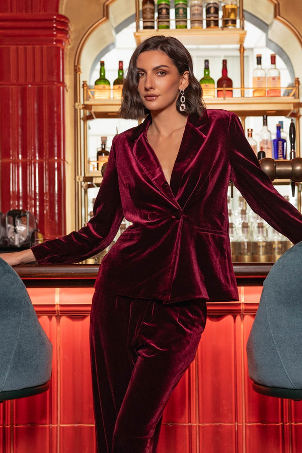 Carraig Donn Burgundy Velvet Double-Breasted Blazer