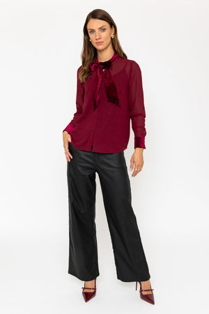 Carraig Donn Burgundy Velvet Pussy Bow Blouse