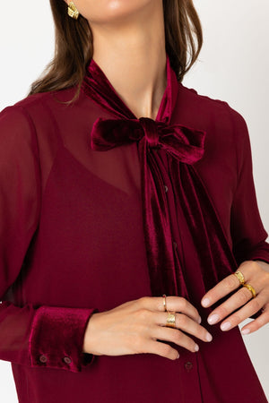 Carraig Donn Burgundy Velvet Pussy Bow Blouse