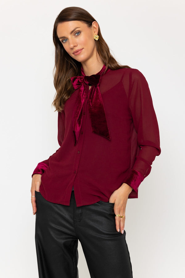 Carraig Donn Burgundy Velvet Pussy Bow Blouse