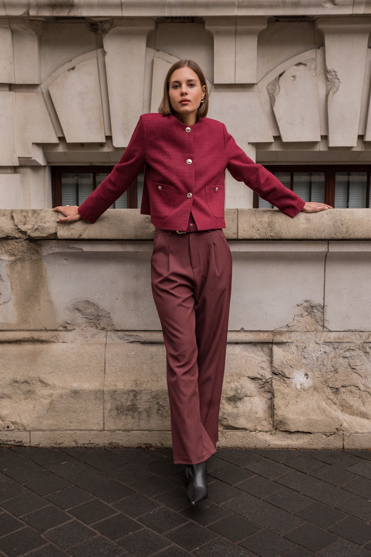 Burgundy Wide Leg Tailored Trousers