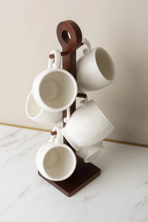 Cable Knit Mug Set of 6 with Mug Tree Stand