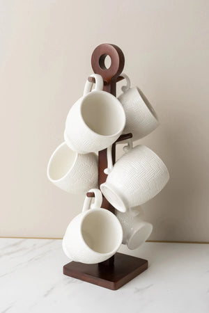 Carraig Donn Cable Knit Mug Set of 6 with Mug Tree Stand