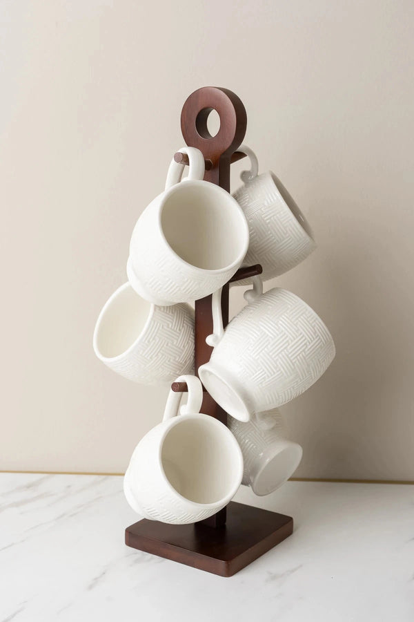 Carraig Donn Cable Knit Mug Set of 6 with Mug Tree Stand