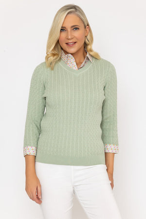 Green Cable Knit Sweater With Shirt Collar & Cuffs